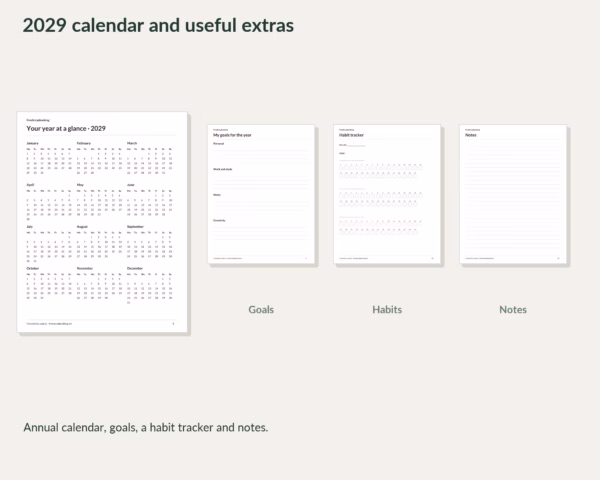 2029 free weekly planner · Annual calendar, goals, habits and notes pages. 2029 free weekly planner · Annual calendar, goals, habits and notes pages.