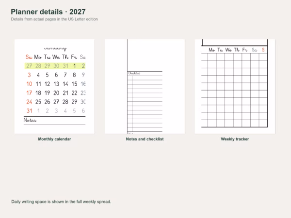 2027 two-page weekly planner — monthly mini calendar, notes and habits