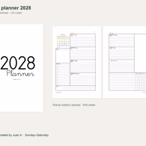 2028 two-page weekly planner — cover and real weekly spread 2028 two-page weekly planner — cover and real weekly spread