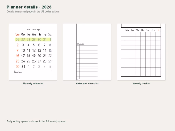 2028 two-page weekly planner — monthly mini calendar, notes and habits