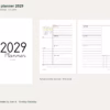2029 two-page weekly planner — cover and real weekly spread