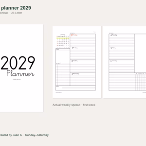 2029 two-page weekly planner — cover and real weekly spread 2029 two-page weekly planner — cover and real weekly spread