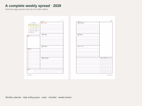 2029 two-page weekly planner — complete Sunday–Saturday weekly spread