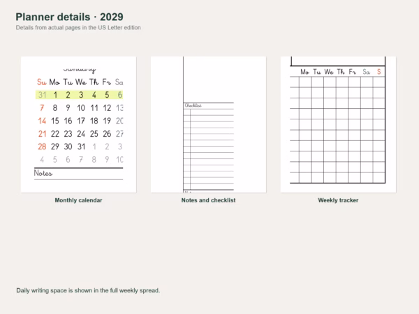 2029 two-page weekly planner — monthly mini calendar, notes and habits